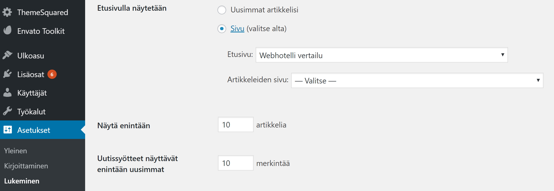 wordpress etusivun asetukset