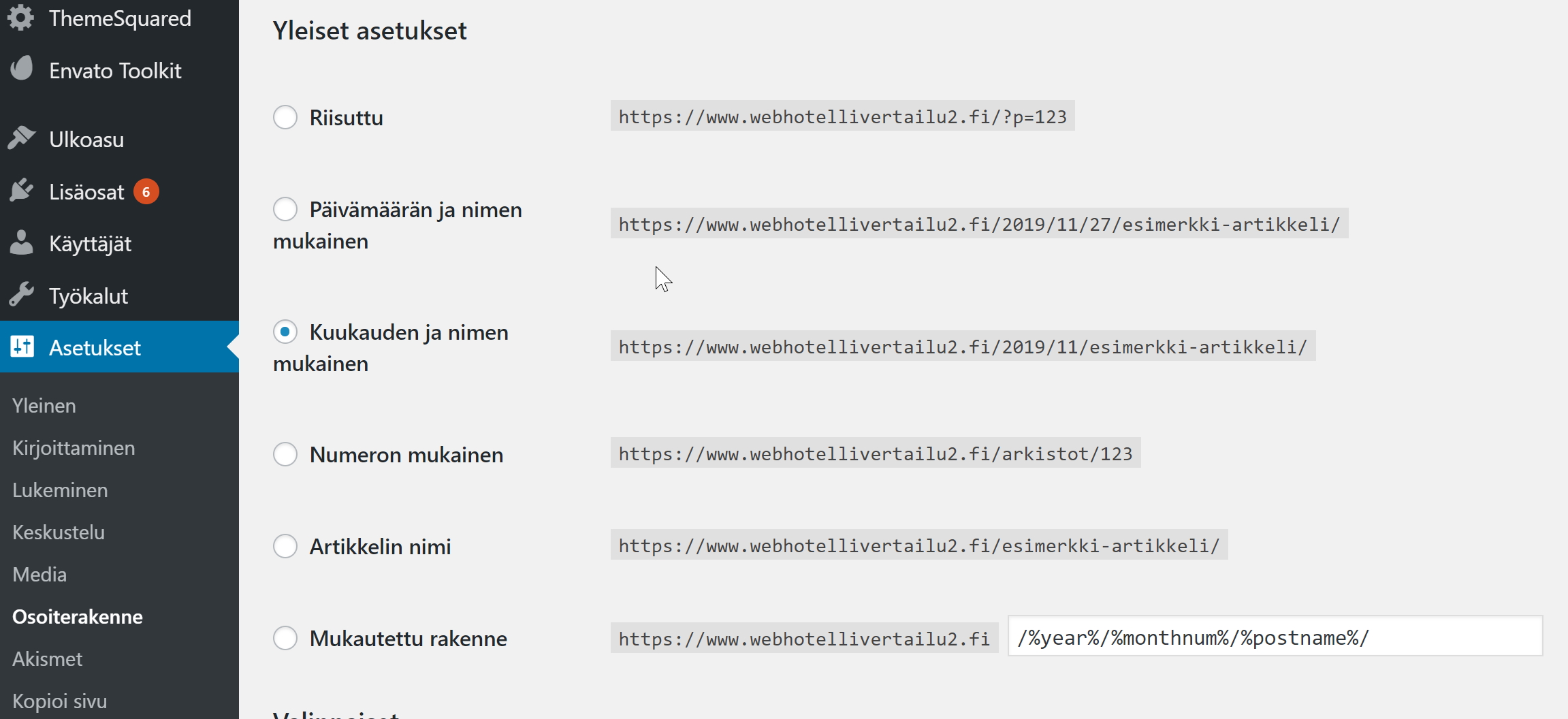 wordpress osoiterakenne